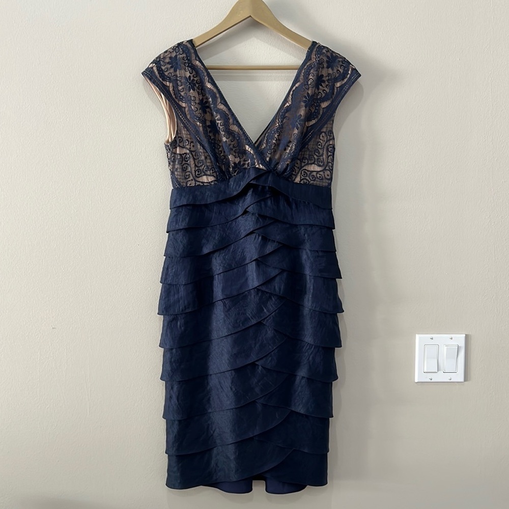 Adrianna Papell Navy Ruffle and Lace Dress in size 8 wedding guest formal